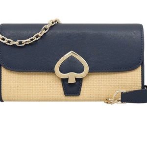 NEW* Kate Spade Robyn Straw HandBag Nightcap Flap Chain Wallet Clutch Navy Logo